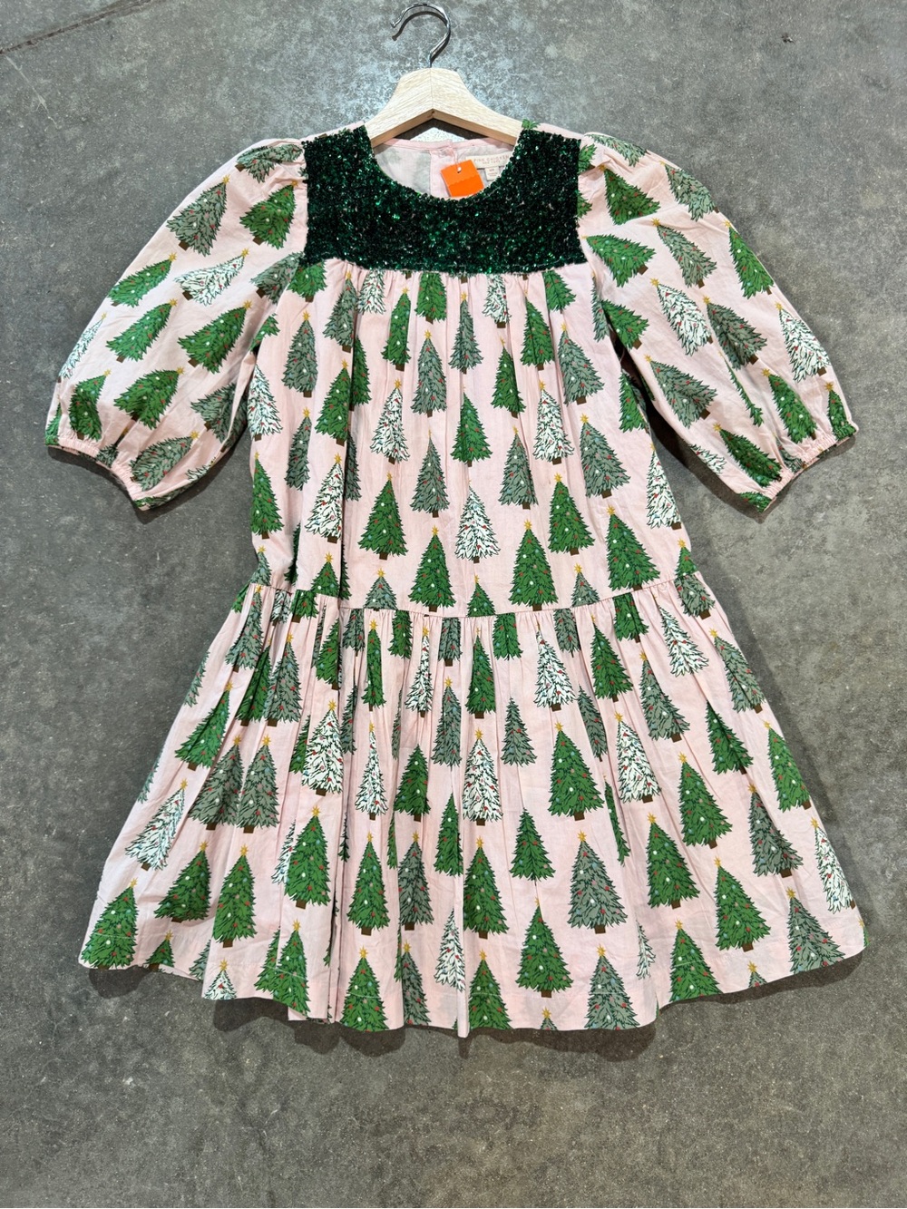 Girls' Pink Christmas Tree Dress with Green Bodice
